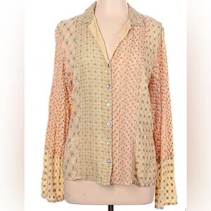 J. Jill Boho Cream And Embroidered Patchwork Button-Down Shirt
